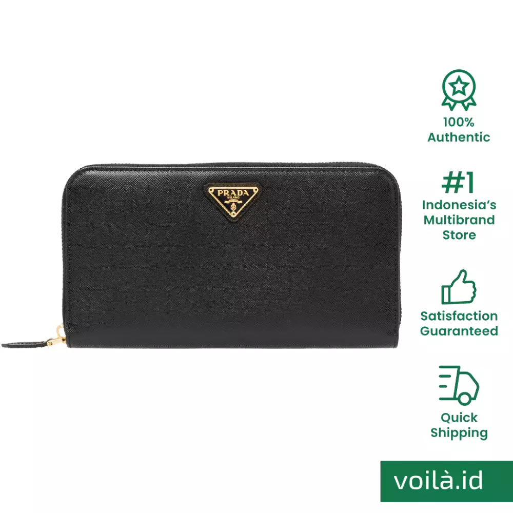 Large Saffiano Triangle Logo Wallet Zipper Closure Black Ghw