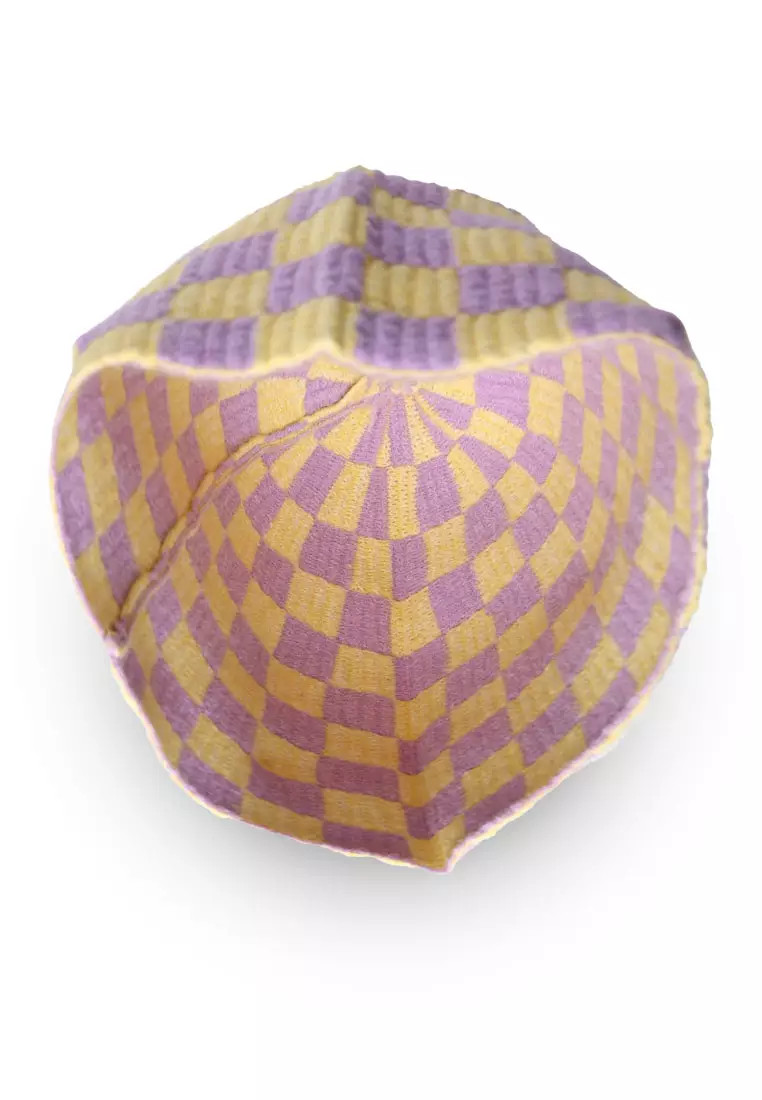 Checkered Knit Beanie In Purple & Yellow