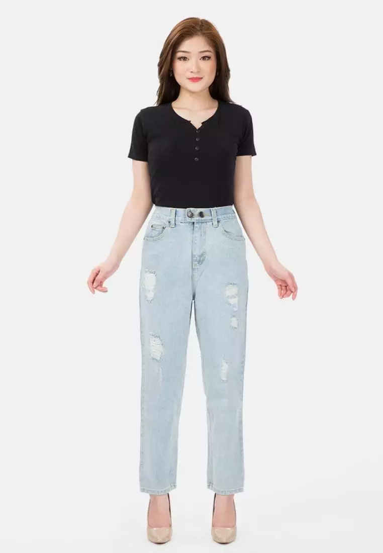 Ripped Boyfriend Jeans in Aqua (Hijab Friendly)