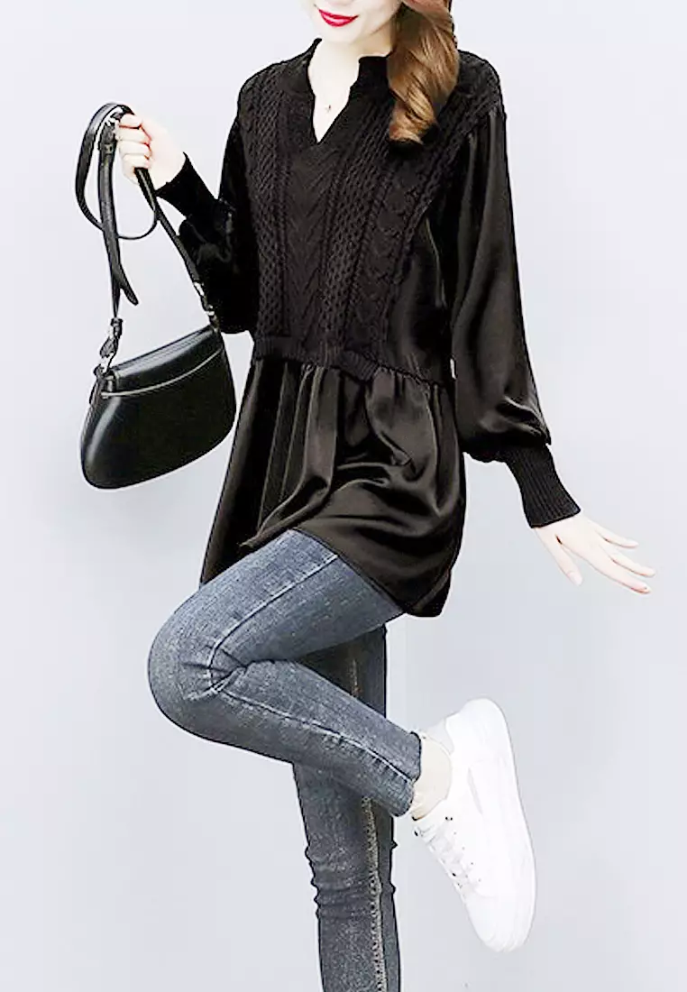 VANSA Stylish Paneled Knit Long Sleeve Shirt VCW-Bs624437