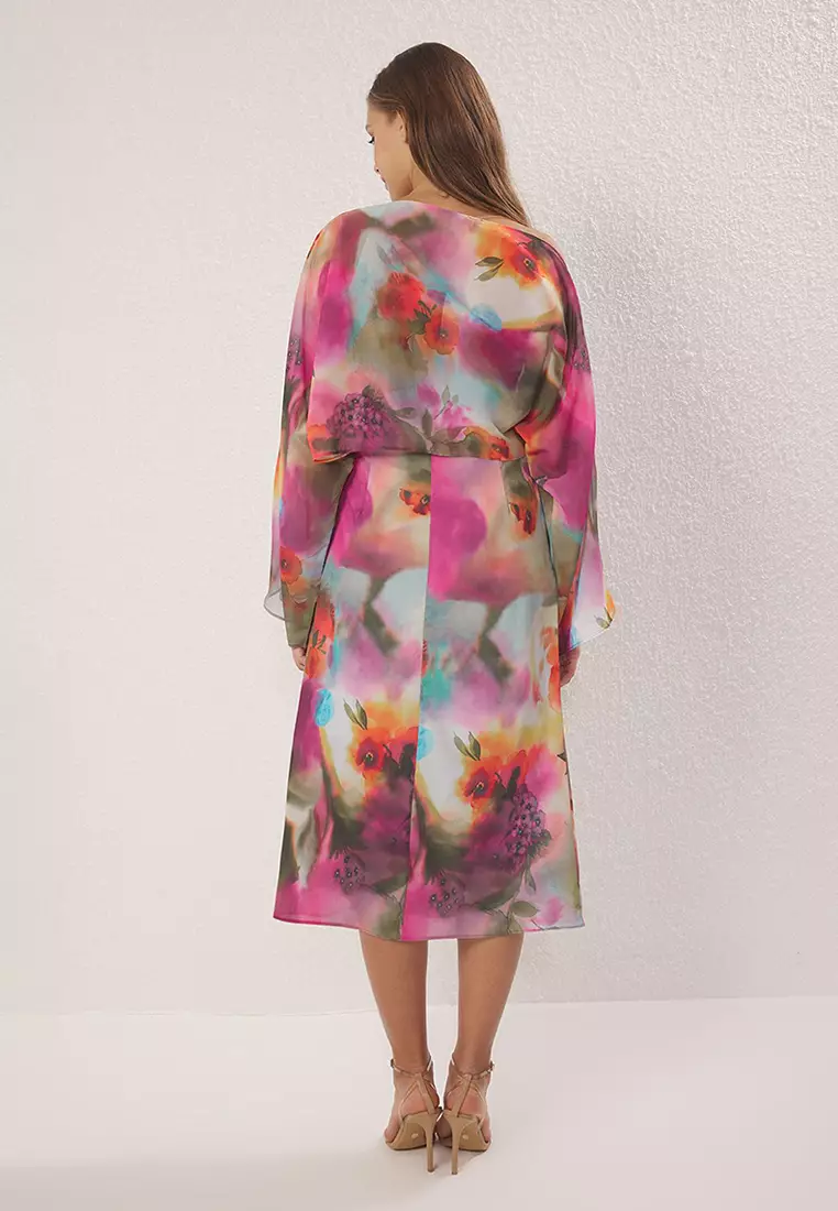Multicolored Abstract Plain Cut Cape Detail Maxi Lined Chiffon Woven Dress TWOSS25EL00014