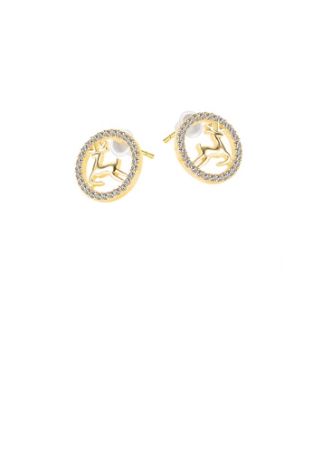 Glamorousky white Simple and Cute Plated Gold Deer Geometric Round Stud Earrings with Cubic Zirconia C4B05AC1A79E40GS_1