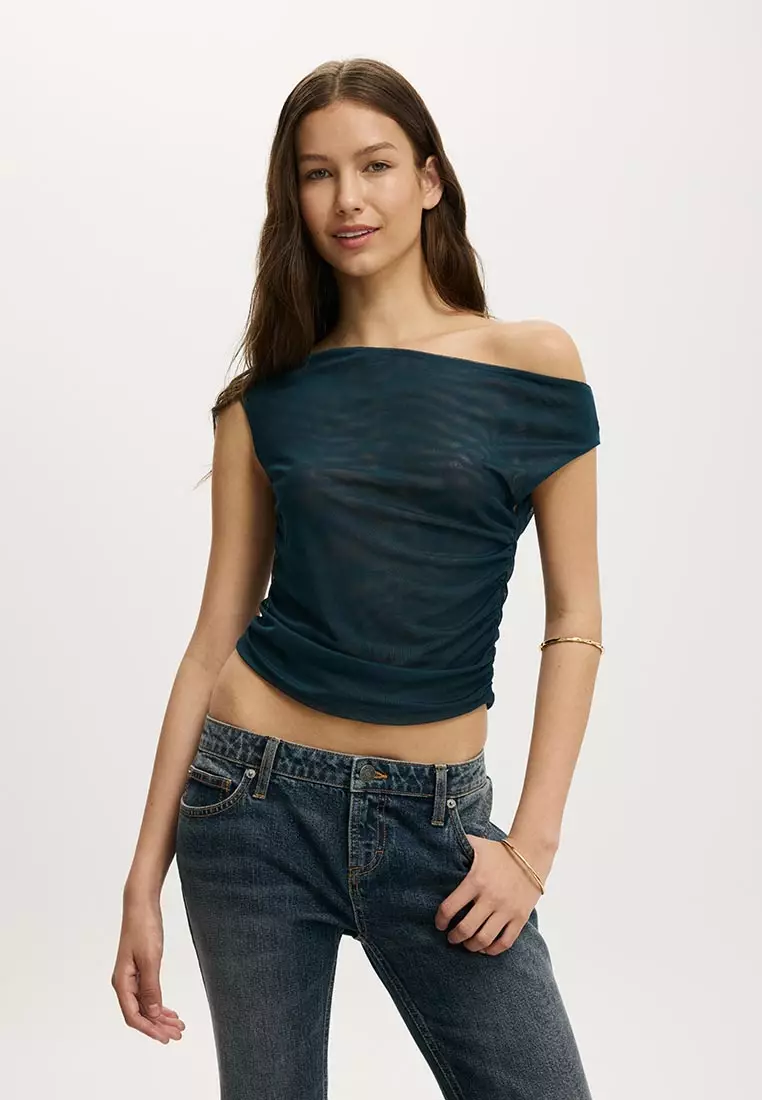 Gathered Mesh Off Shoulder Top