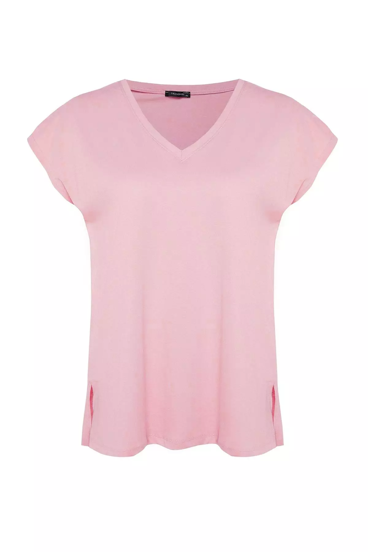 Pink Boyfriend V Neck Slit 100% Cotton Knitted T-Shirt TBBSS22BF0036
