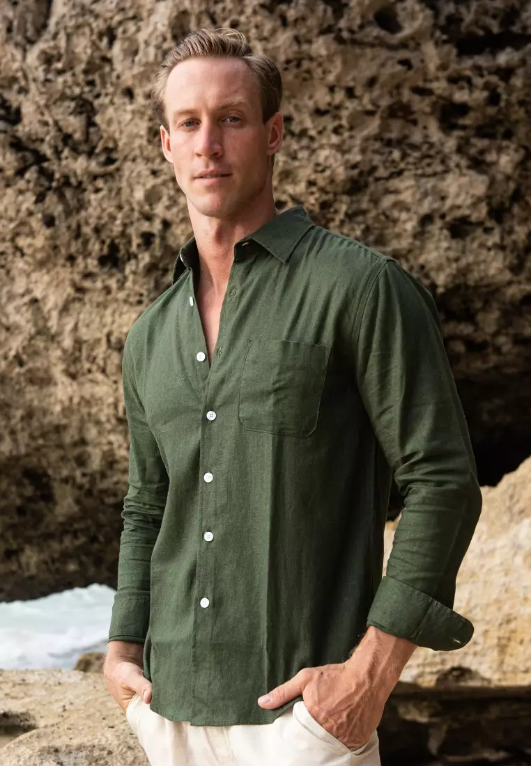 Midnight Green Kemeja Linen Lengan Panjang Pria Hijau | Linen Long Sleeve Shirt Men Green
