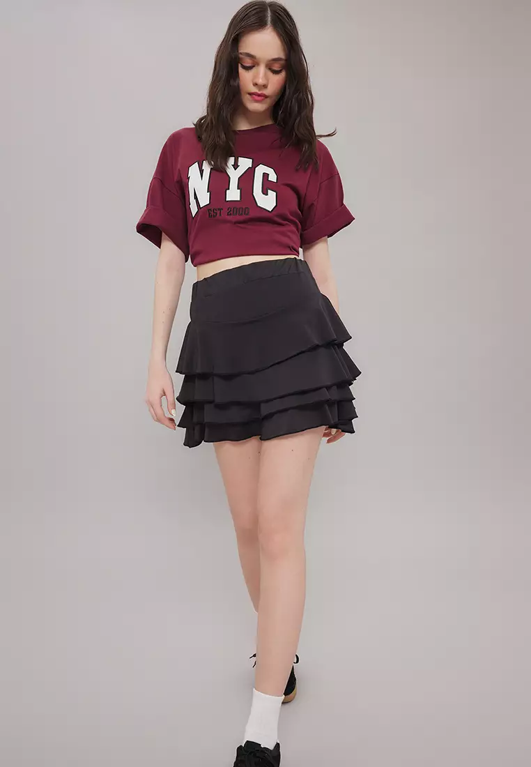 Black Plain Skirt With Ruffle Mini Elastic Knitted Skirt