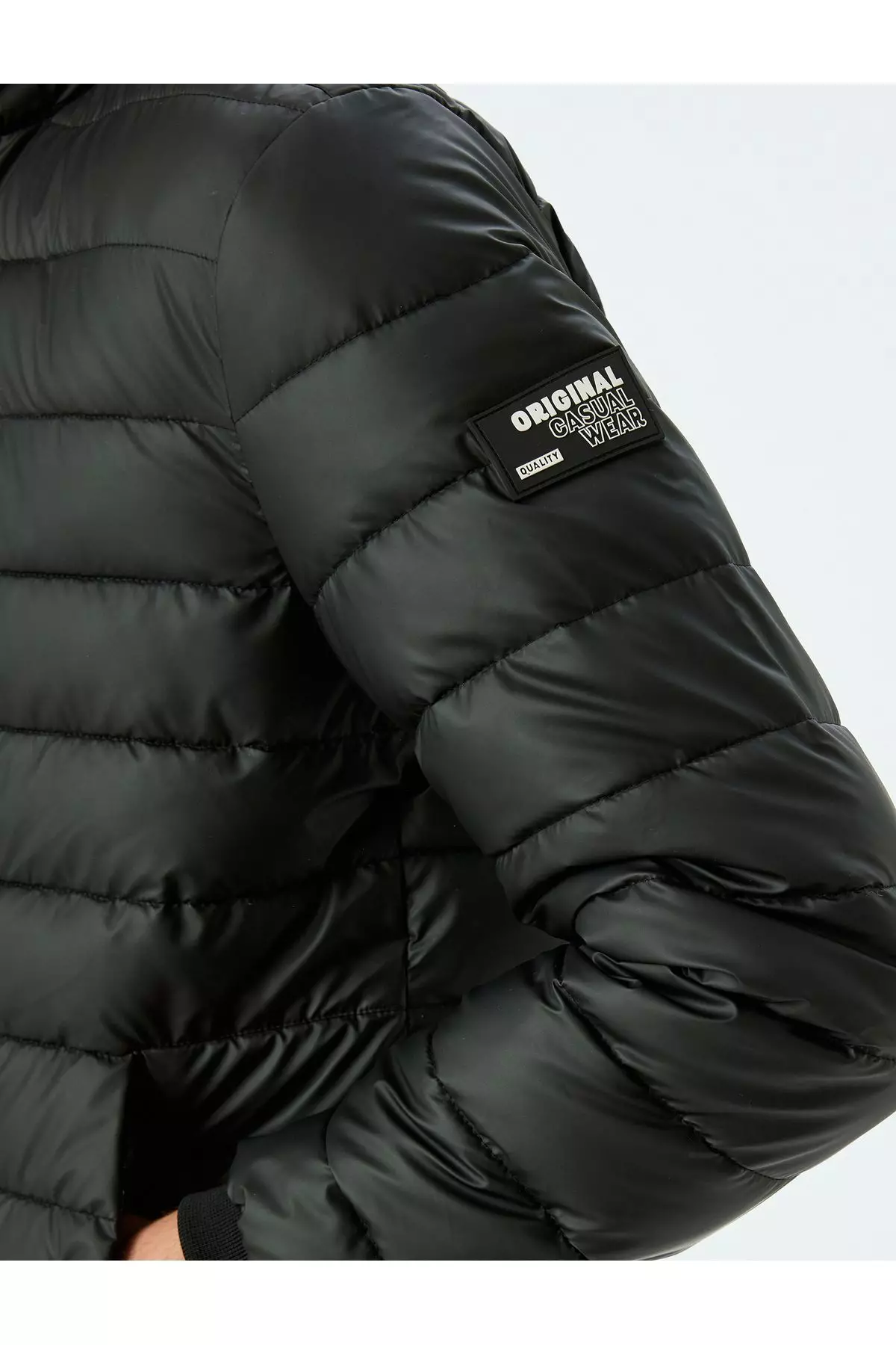 Latex Fabric Slim Fit Puffer Jacket With Stand Collar Label Detail