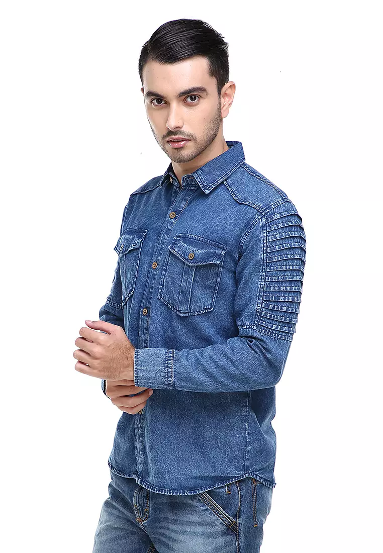 Dwan Casual Shirt Baju Kemeja Pria Lengan Panjang Stripe Sleeve Two Pockets Material Jeans ORIGINAL - Blue