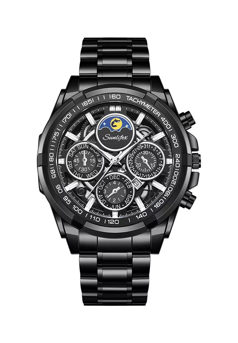 Jam Tangan Pria Bercahaya Kalender Kasual Jam Tangan Cowok Kuarsa Original Tali Stainless Steel Anti Air allblack
