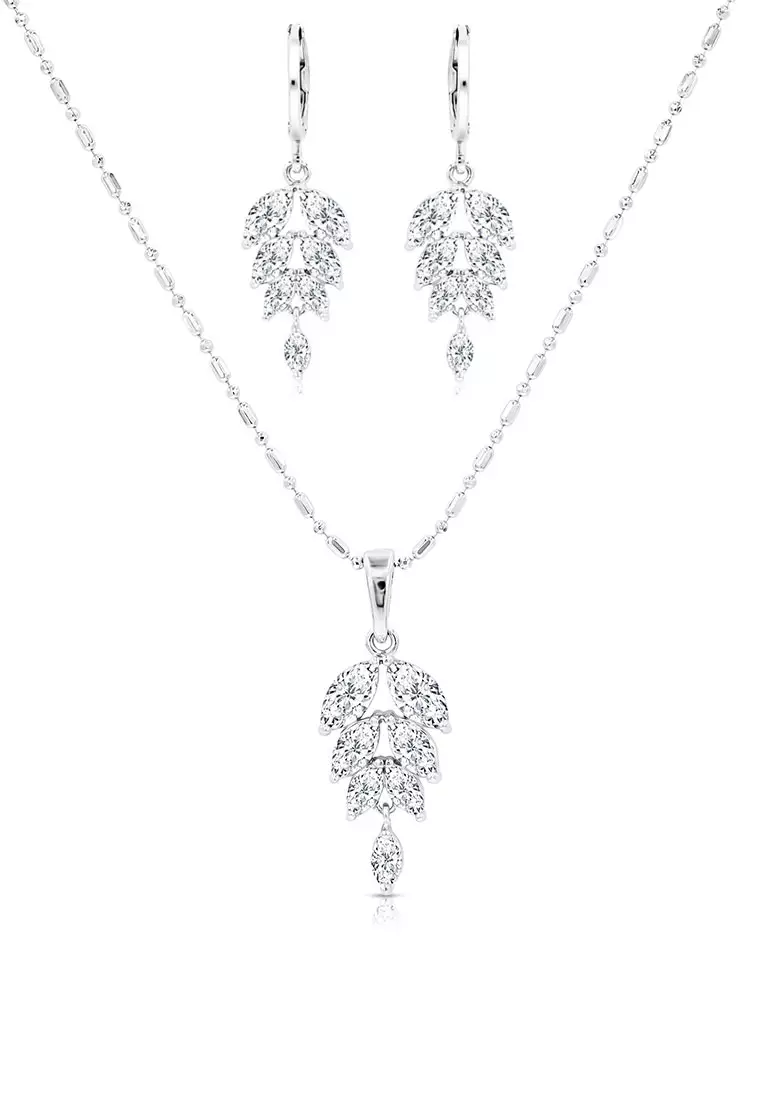 SO SEOUL Ioni Leaf Marquise Cut Diamond Simulant Zirconia Hoop Earrings with Pendant Chain Necklace Jewelry Gift Set