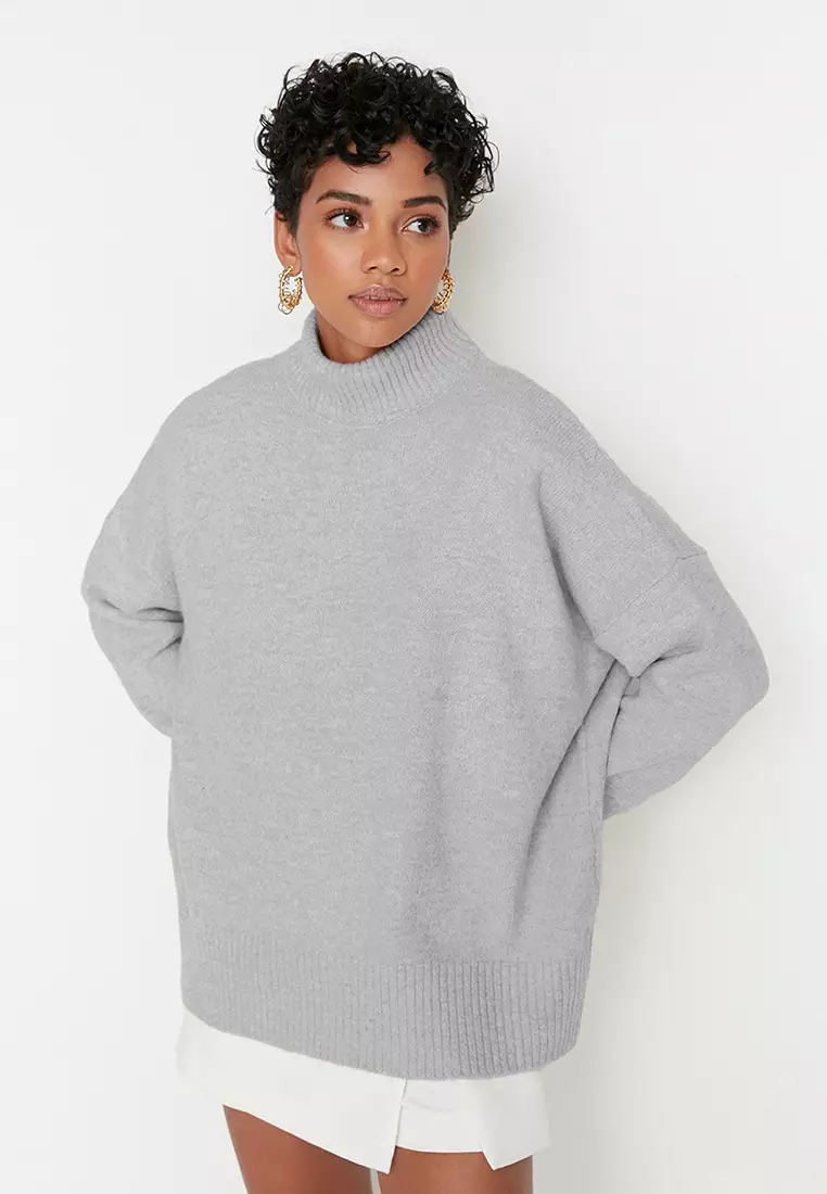 Light Gray Wide Fit Soft Textured Stand Collar Knitwear Sweater