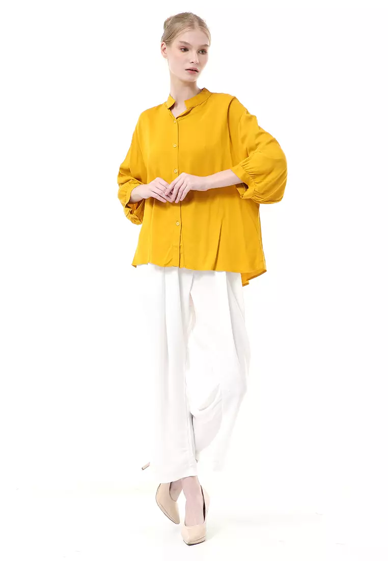Ghita Kemeja Atasan Wanita Motif Polos Long Sleeve High Quality - Mustard