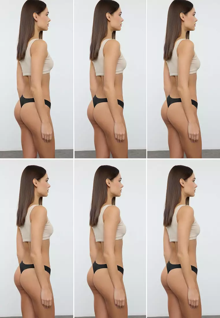 Black 6-Pack Micro Seamless/Non-Trace Laser Cut Thong Knitted Panties THMAW25KU00039