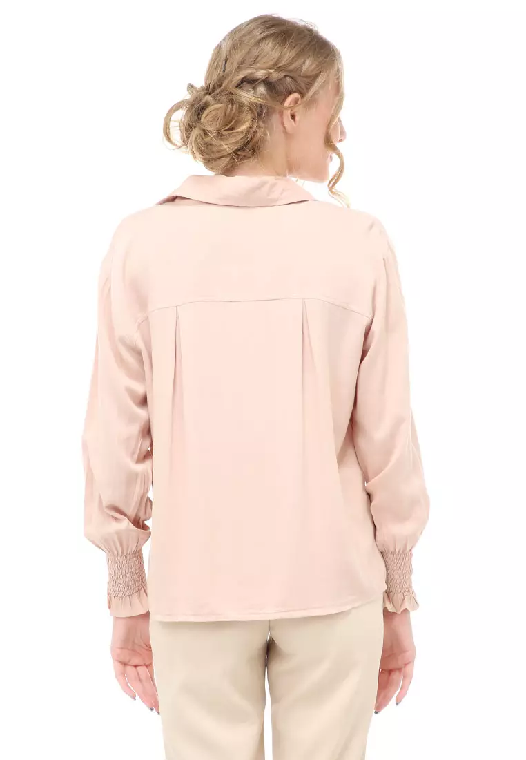 Holly Kemeja Atasan Kasual Wanita Model Lengan Karet Material Twill rayon ORIGINAL - Milk Brown