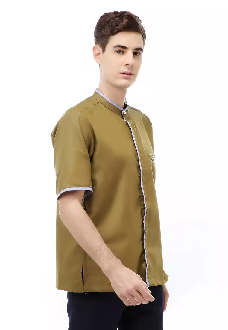 Dwan Atasan Formal Pria Kemeja Koko Polos Lengan Pendek Material Cotton ORIGINAL - Army