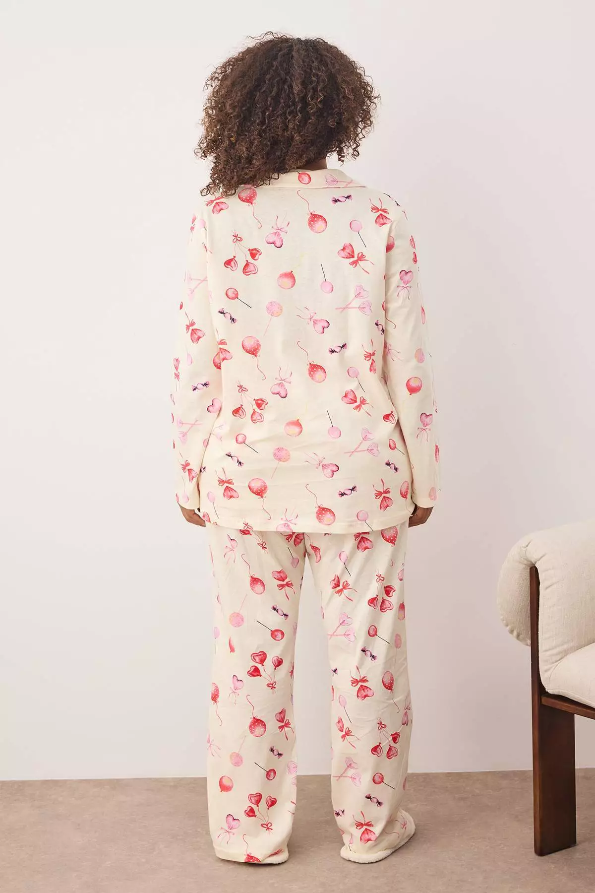 Ecru 100% Cotton Heart Patterned Shirt-Pants Knitted Pajama Set Tbbaw26Ai00017