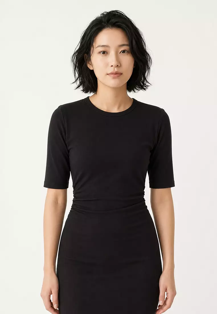 Bodycon Body Hugging Crew Neck Basic Plain Rib Short Sleeve Midi Dress E6003Ax25Sp