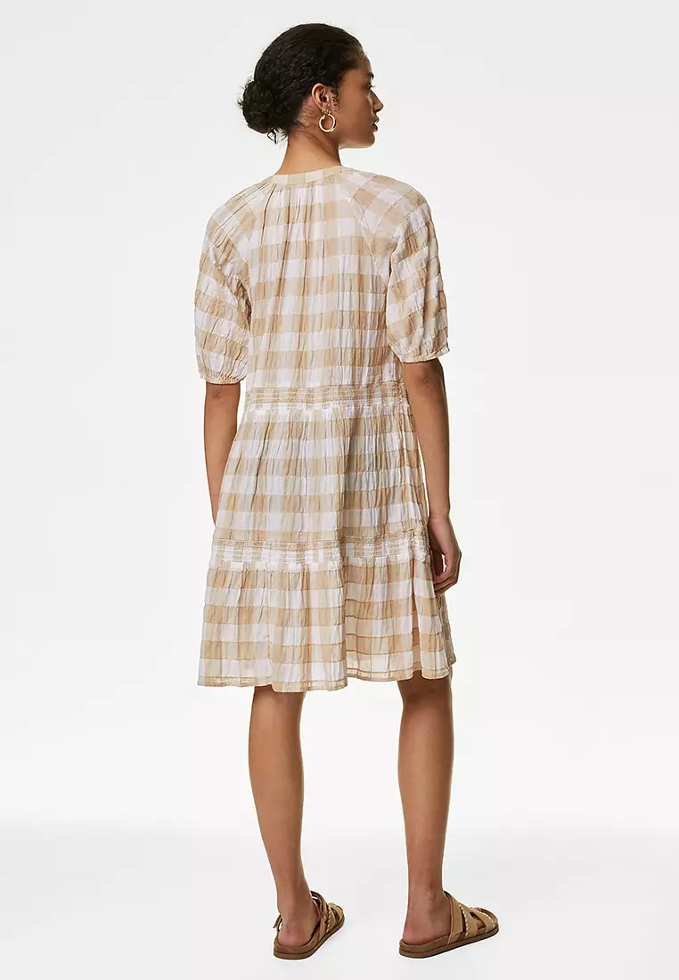 Cotton Rich Checked Mini Tiered Dress