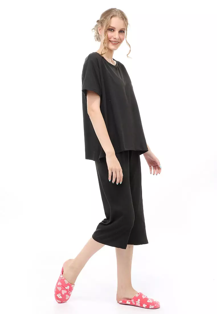 Vance Setelan Piyama Baju Tidur Wanita Celana Pendek 7/8 Material Spandex ORIGINAL - Black