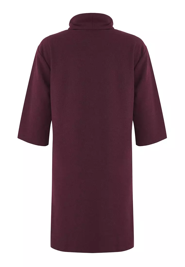 Plum Turtleneck Shift/Plain Mini Selanik Long Sleeve Knitted Dress