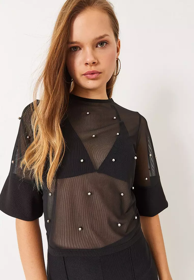 Women's Stone Printed Short Sleeve Crew Neck Transparent Blouse 60284020