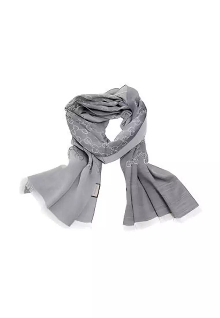 GG Logo Wool Silk Scarf in Grey 165904 3G646