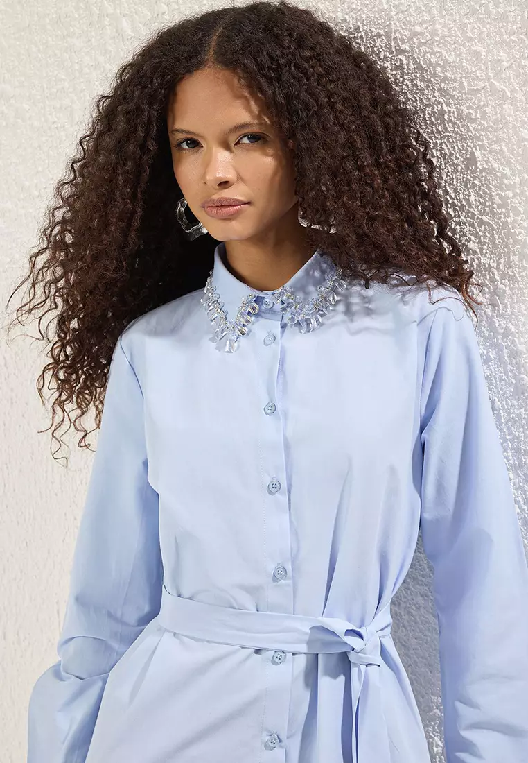 Light Blue Stone Accessory Detail Woven Shirt Dress TCTSS25EB00118