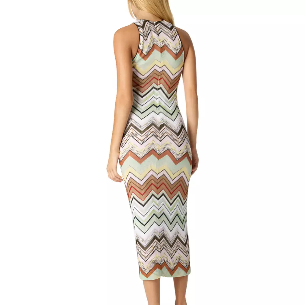 Chevron Loom Knit Viscose Sleeveless Long Dress Multicolor Green/Camel/White/Pink