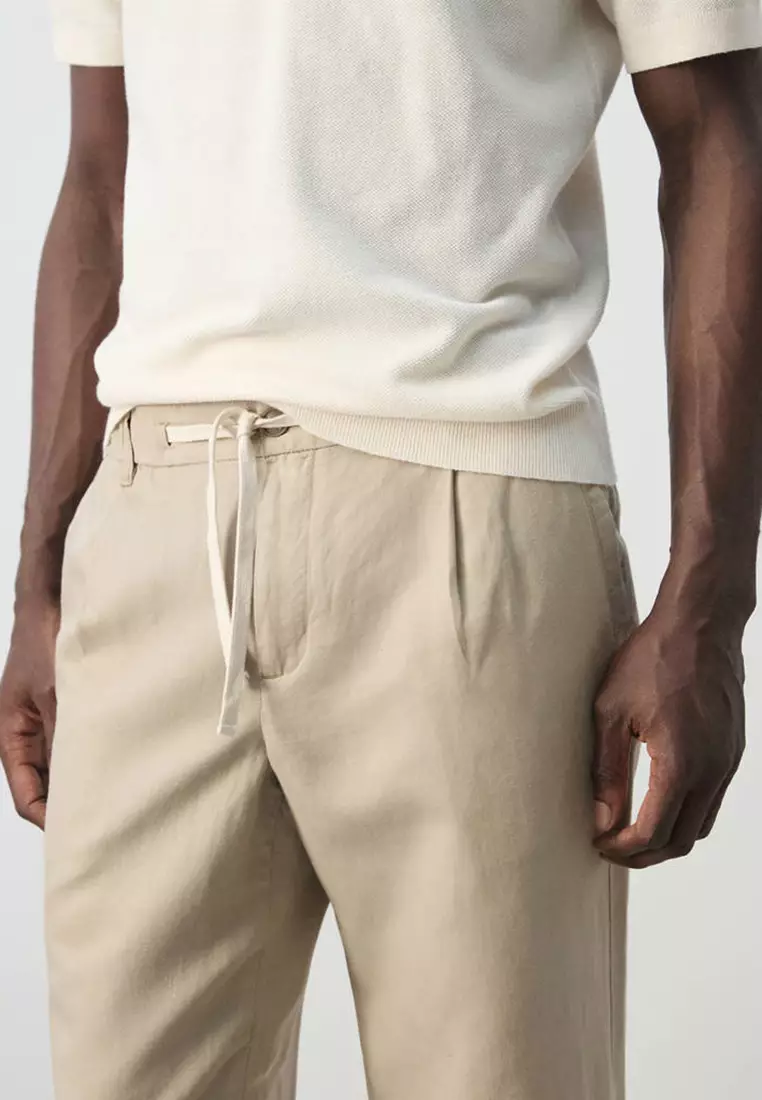 Slim Fit Cropped Linen-Cotton Trousers