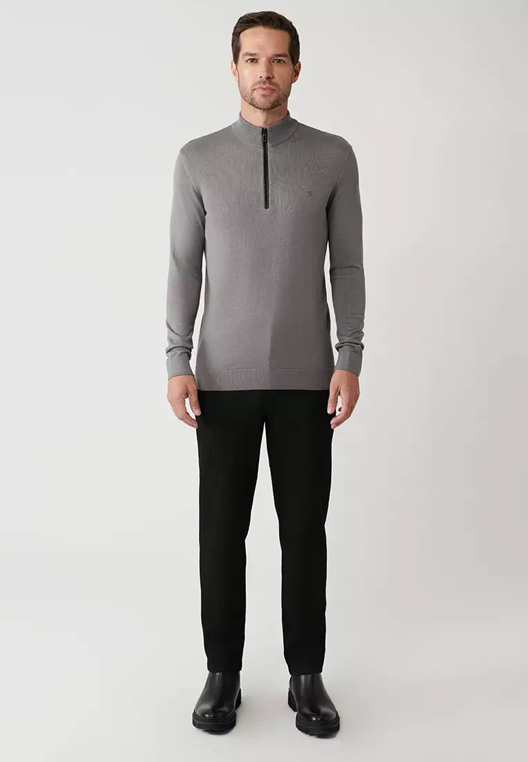Men's Gray Stand Collar Leather Detailed Zippered Viscose Knitwear Sweater B005023