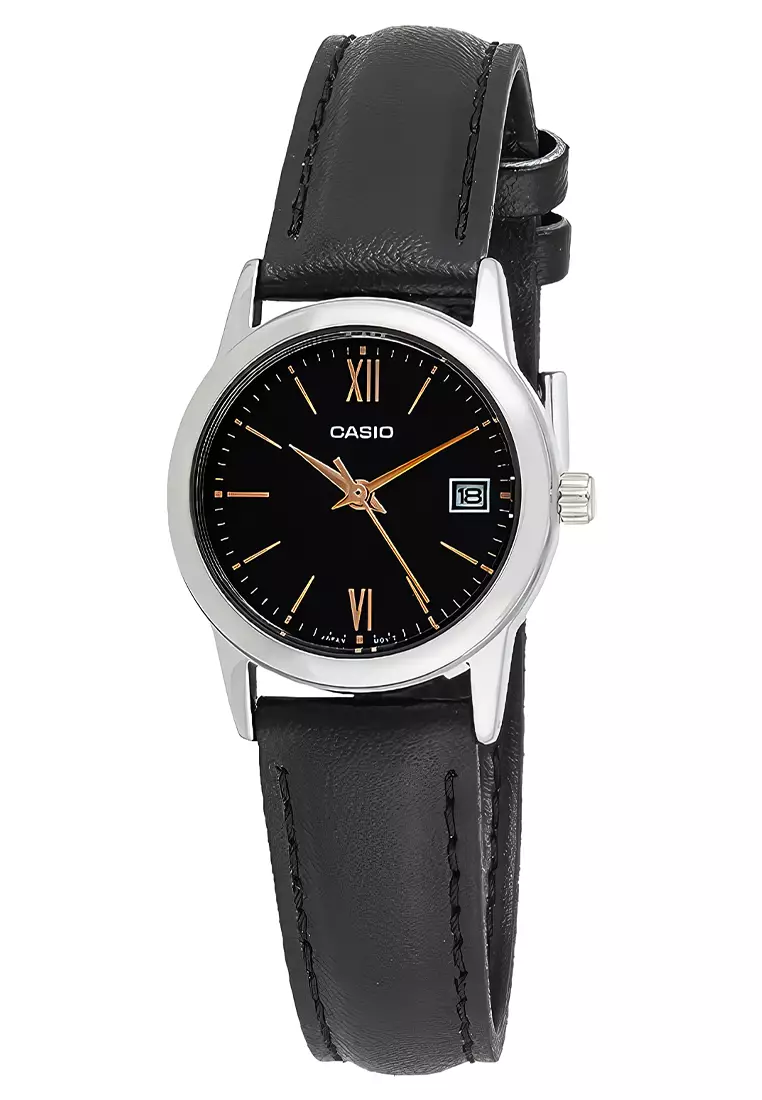 Casio - Jam Tangan Analog Wanita - Silver - Black Leather Strap - LTP-V002L-1B3