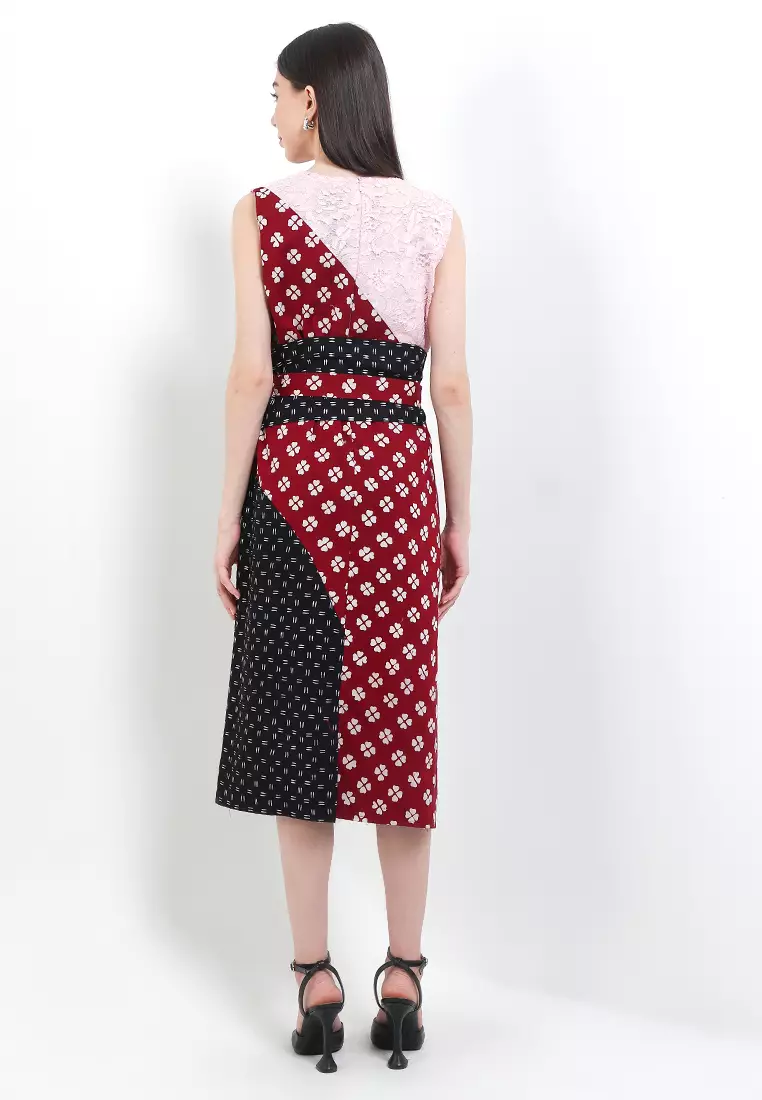 Dress Atasan Wanita Lurik Garutan Eksklusive Janitra Lining Imlek Cheongsam Luna Tanpa Lengan Merah Maroon