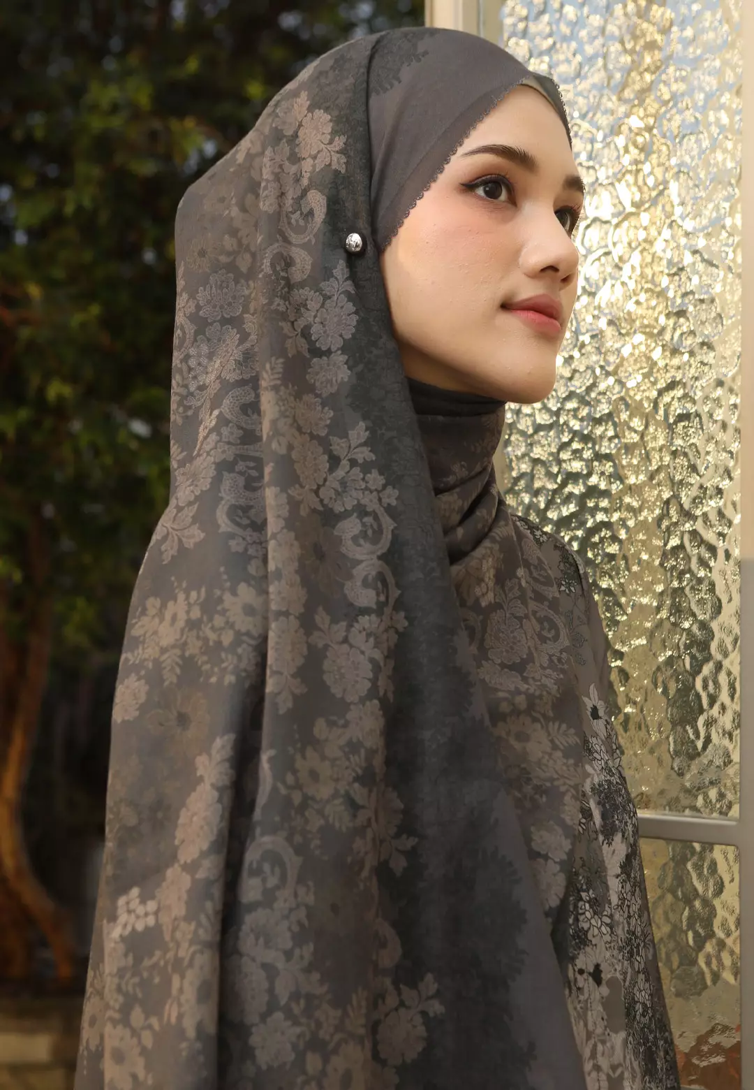 HijabChic Renna Pashmina Olive Ash - Hijab Pashmina Lebaran Motif Floral Voal Lembut