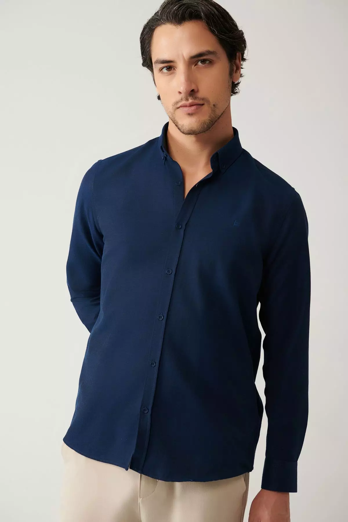 Men's Navy Blue Button-Down Collar Easy Iron Cotton Oxford Shirt E002000
