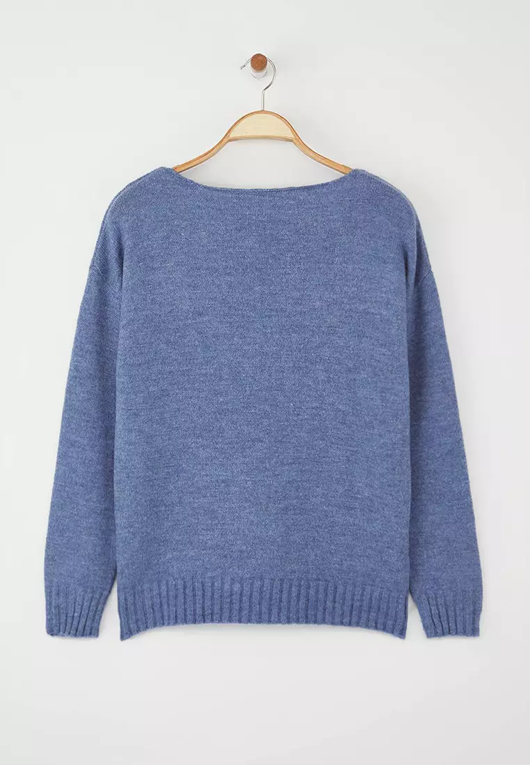 Indigo Wool Boat Neck Basic Knitwear Sweater