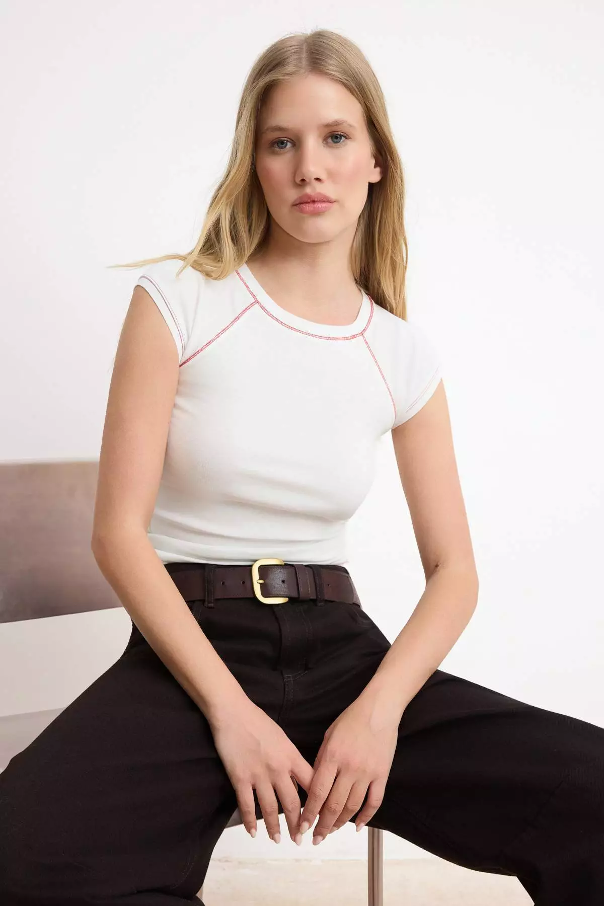 Ecru Fitted/Bodycon Raglan Sleeve Short Sleeve Ribbed/Camisole Knitted Blouse Twoss26Bz618