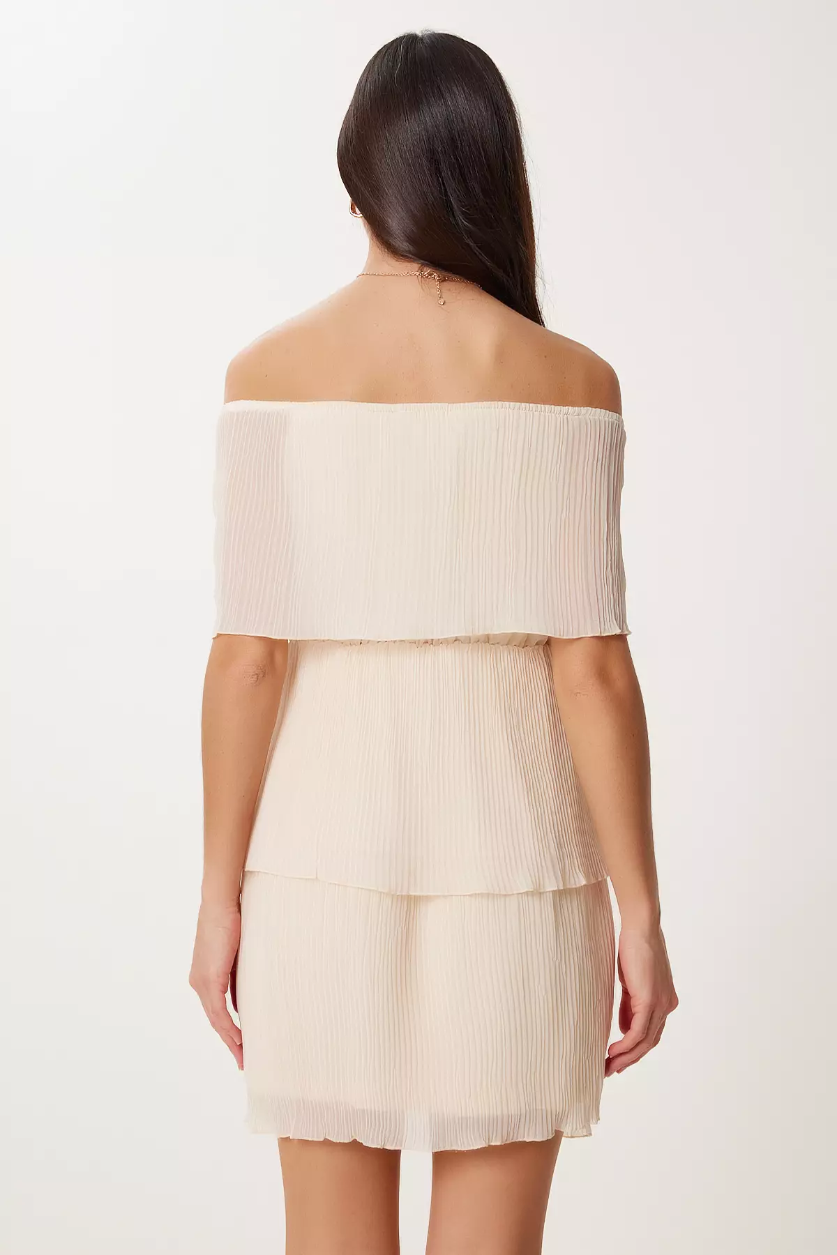 Women's Cream Layered Pleated Mini Chiffon Dress Wf00160