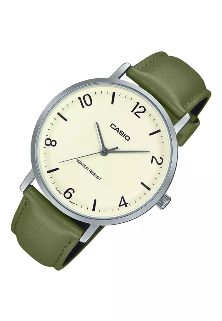 Casio MTP-VT03L-7B Orologio Uomo Analogico, Cinturino In Pelle Verde Beige, Quadrante Concavo Grigio, 40mm