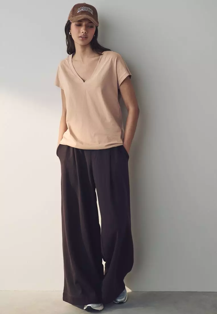 V-Neck 100% Cotton Rich Cap Sleeve T-Shirt