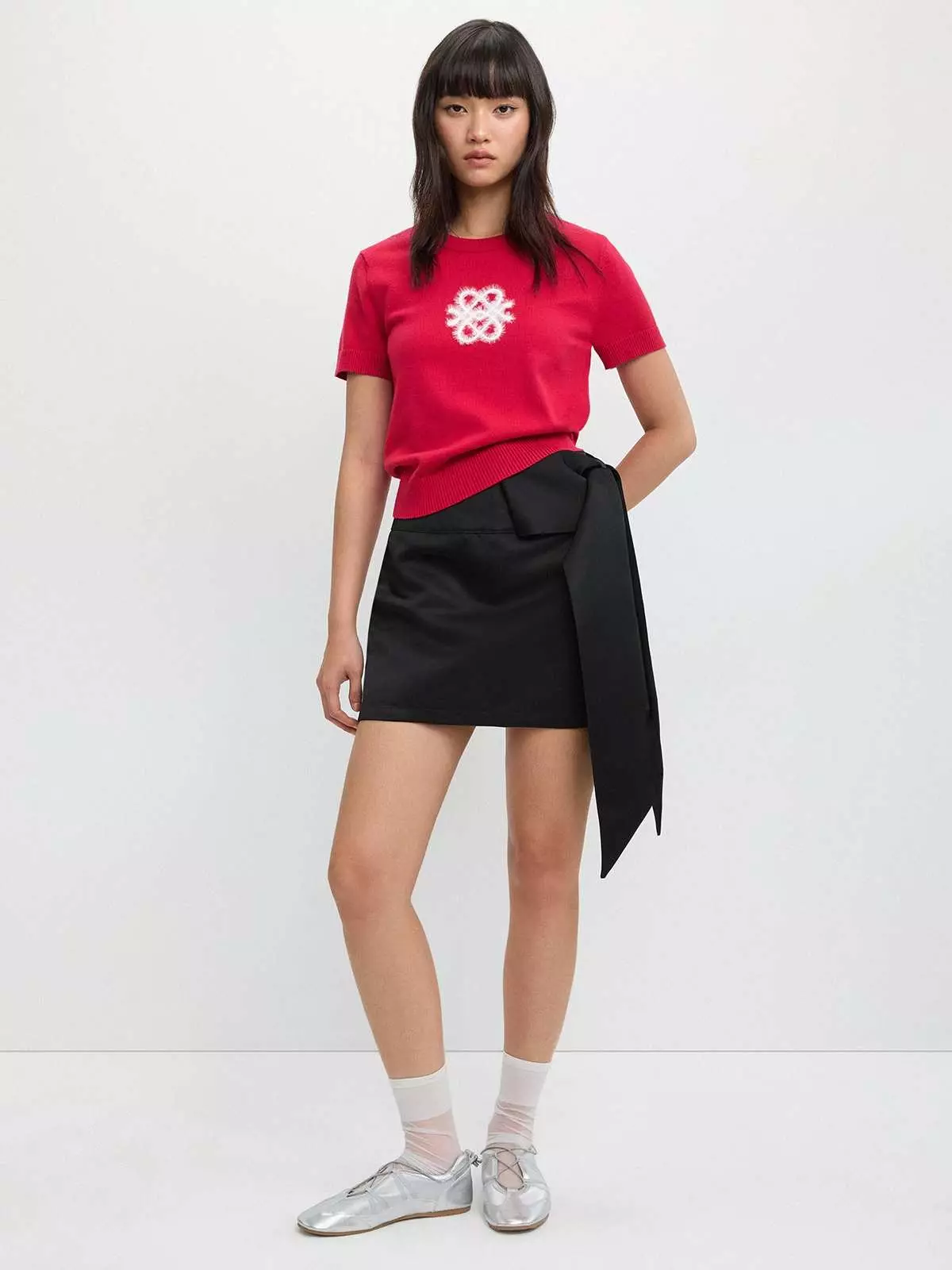 Pomelo - Top Wanita - Embroidered Logo Knit Top - Red