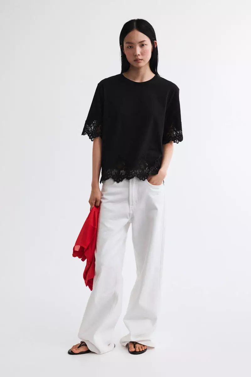 Lace-trimmed cotton T-shirt