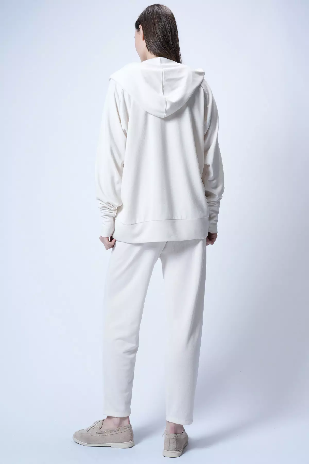 Women'S Ecru Hooded Snap Fasteners Oversized Sweatshirt And Pants Set Alc-X12476