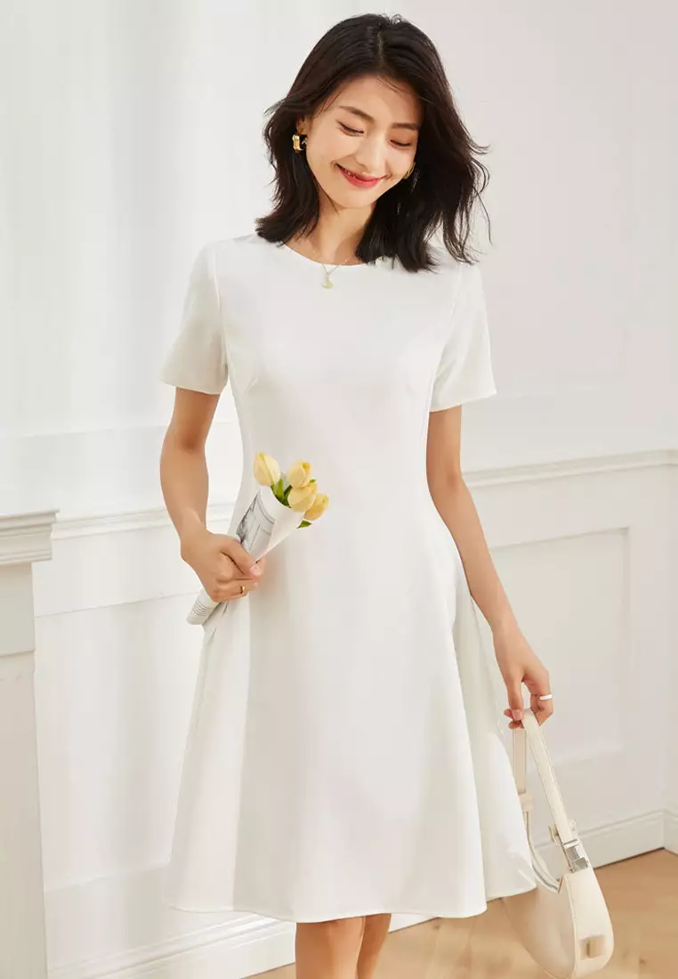 Simple and Elegant Solid Color Short Sleeve Dress CA101934W