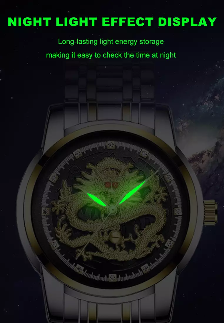 Jam Tangan Pria 9002 Naga Emas Stainless Steel Quartz Original Dragon Gold Kuning Jam Tangan Cowok gold black