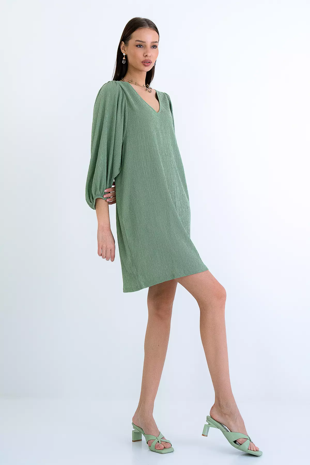 Khaki V-Neck Princess Sleeve Wrap Mini Dress Alc-X15160