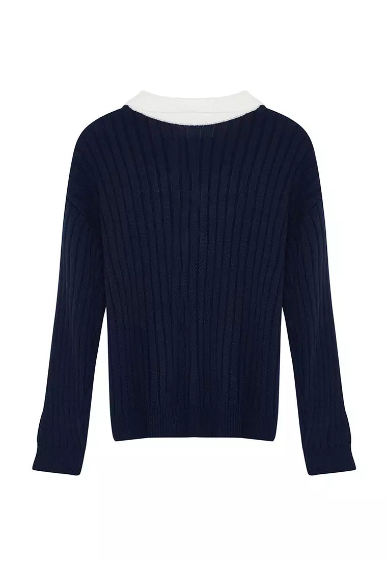 Navy Blue Knitwear Plus Size Cardigan Tbbaw23Av00084