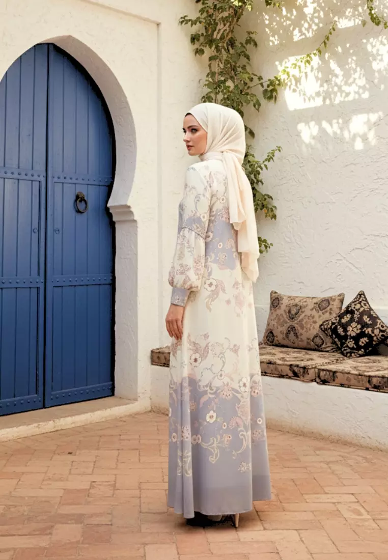 Mosleem Long Dress Pasley Motif In two Tone Cream and Blue By Brilliant Girl Warna CREAM