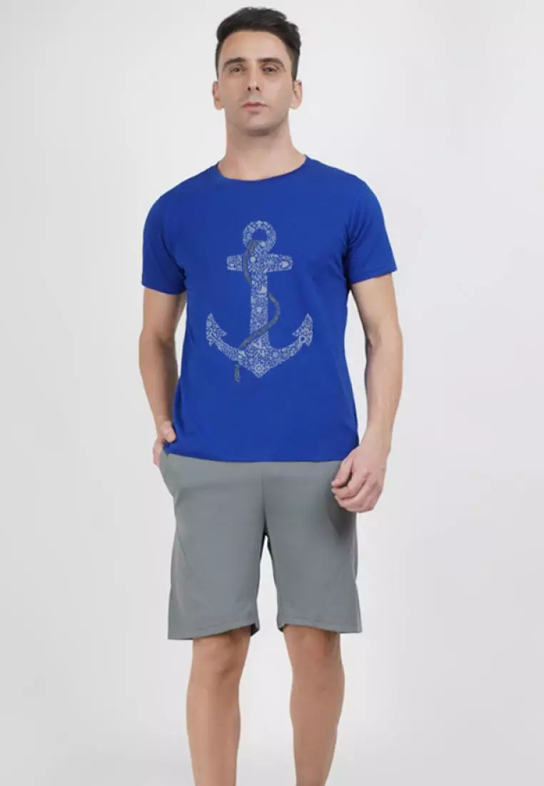 Anchor Print Graphic Blue Relaxed Fit Short Sleeve Cotton Tee/Tshirt