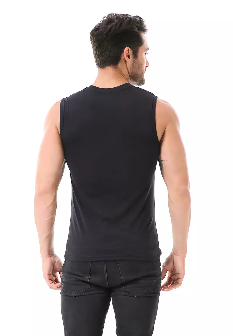 Bobby Atasan Kasual Pria Singlet Motif Huruf A Atasan Tanpa Lengan Material Cotton ORIGINAL - Black