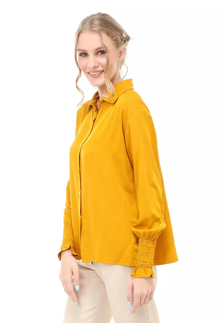 Holly Kemeja Atasan Kasual Wanita Model Lengan Karet Material Twill rayon ORIGINAL - Mustard